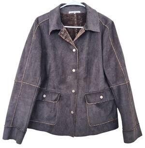 CAbi Womens Jacket Size L Faux Suede Sherpa Dark Brown Snap Front Pockets